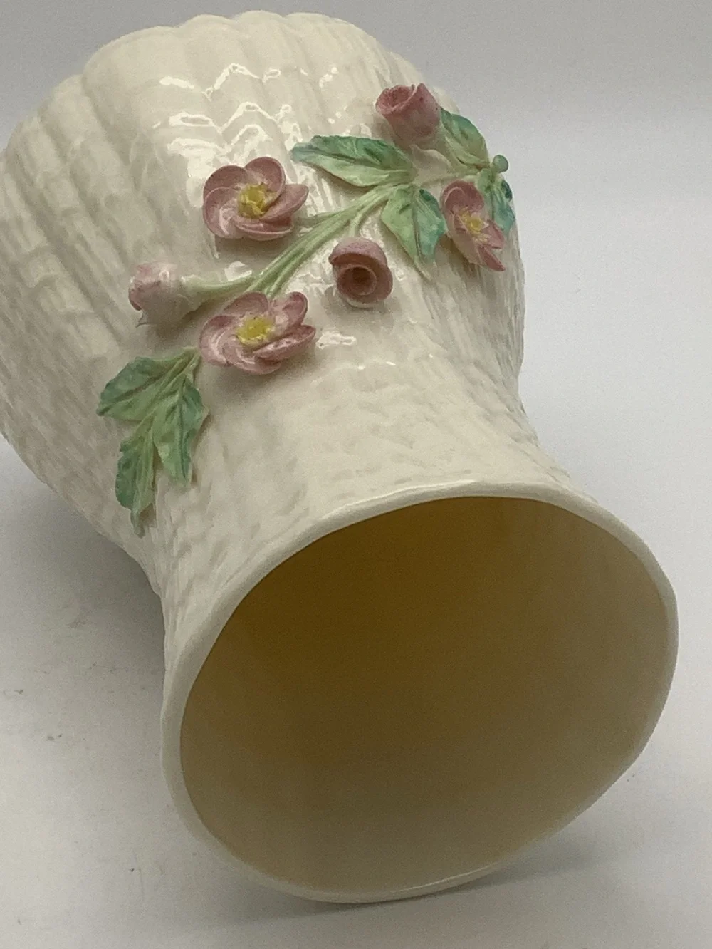 Vintage Belleek Irish Fluted Vase with 3D Floral Design